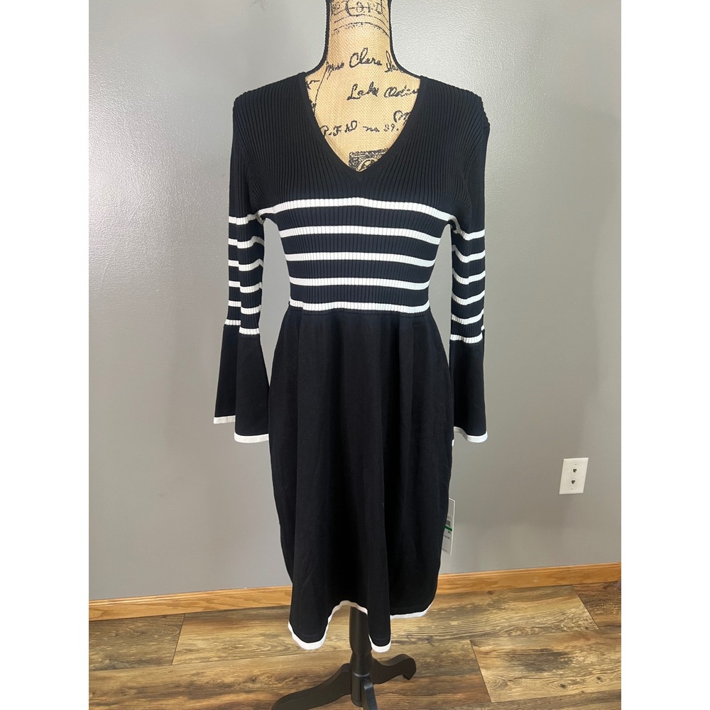 Calvin Klein Women Black White Striped Ribbed Bell Sleeve Sweater Dress Large